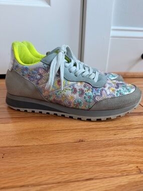 Johnny Was Floral Embroidered Sneakers with Neon Yellow Lining